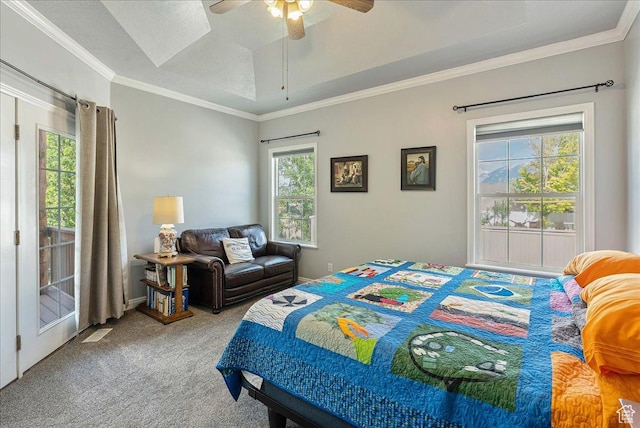 2602 W 11625 S, Riverton, UT 84095 - carpeted bedroom featuring ornamental molding, a raised ceiling, and ceiling fan