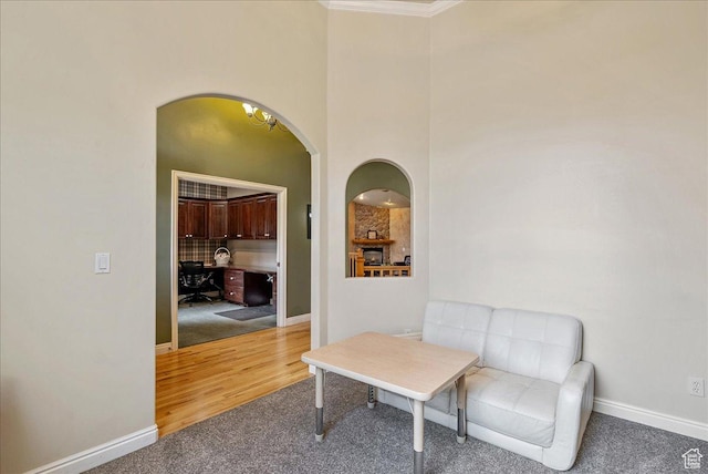 2602 W 11625 S, Riverton, UT 84095 - living area with carpet, arched walkways, crown molding, a high ceiling, and wood finished floors
