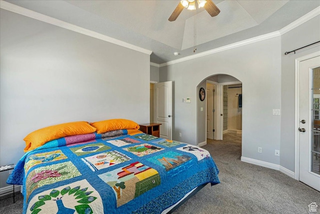2602 W 11625 S, Riverton, UT 84095 - bedroom with arched walkways, carpet floors, crown molding, and ceiling fan