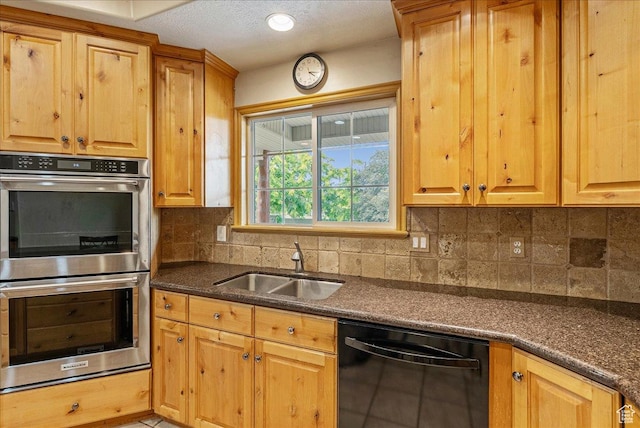 2602 W 11625 S, Riverton, UT 84095 - kitchen with black dishwasher, stainless steel double oven, decorative backsplash, and a textured ceiling