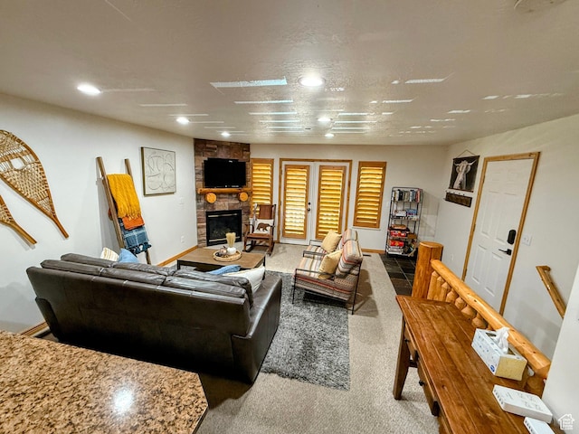 5060 E Lake View Dr N Unit 1108, Eden, UT 84310 - carpeted living area featuring a stone fireplace and recessed lighting