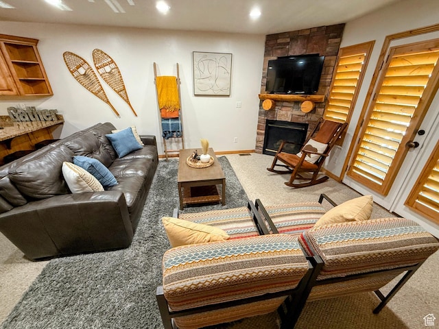 5060 E Lake View Dr N Unit 1108, Eden, UT 84310 - carpeted living room with a stone fireplace and recessed lighting