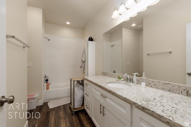 1619 N 1320 E, Payson, UT 84651 - full bathroom featuring vanity, wood finished floors, shower / bath combination, and recessed lighting