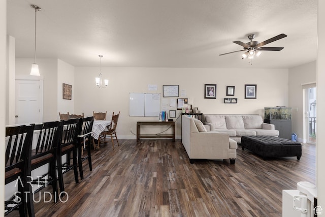1619 N 1320 E, Payson, UT 84651 - living room featuring dark wood-style floors, ceiling fan, and a chandelier