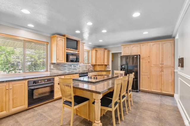 8711 S Rustler Rd, Cottonwood Heights, UT 84093 - kitchen featuring black appliances, light brown cabinets, crown molding, a kitchen bar, and tasteful backsplash