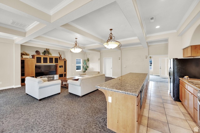 1225 W Dallin Dr Unit Q102, Pleasant Grove, UT 84062 - kitchen with coffered ceiling, beam ceiling, black fridge, ornamental molding, and a center island