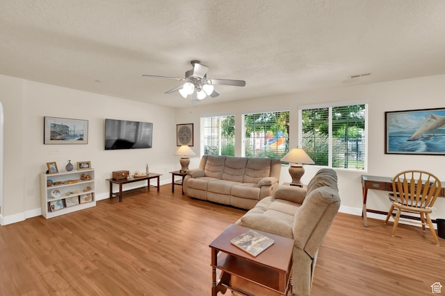 1225 W Dallin Dr Unit Q102, Pleasant Grove, UT 84062 - living room with light wood finished floors, a ceiling fan, and a textured ceiling