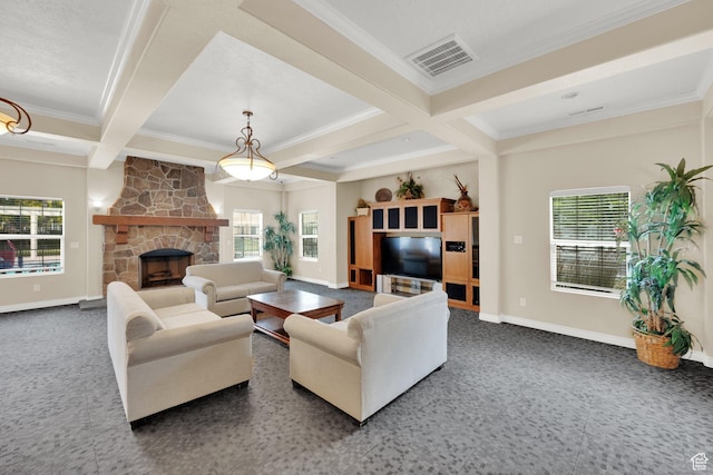 1225 W Dallin Dr Unit Q102, Pleasant Grove, UT 84062 - carpeted living room featuring ornamental molding, coffered ceiling, beam ceiling, healthy amount of natural light, and a fireplace