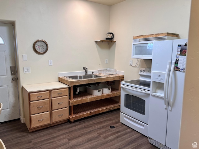 785 N Homestead St, Hildale, UT 84784 - kitchen with white appliances, dark wood-style floors, light countertops, brown cabinetry, and open shelves