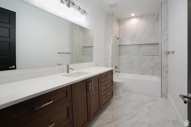 9281 E Rdg Pine Dr, Heber City, UT 84032 - full bathroom with vanity, marble look tile flooring, shower / bath combination, and recessed lighting