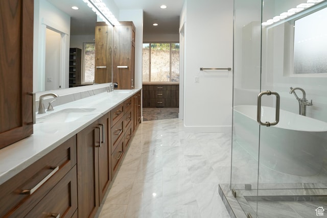 9281 E Rdg Pine Dr, Heber City, UT 84032 - bathroom featuring marble finish flooring, double vanity, a stall shower, recessed lighting, and a freestanding bath