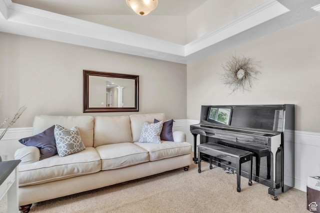 1630 N Camelot Dr E, North Logan, UT 84341 - carpeted living area with a wainscoted wall and a raised ceiling