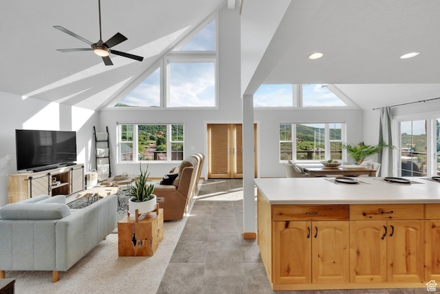 1719 Clyde Lake Dr Unit 346, Heber City, UT 84032 - living room featuring recessed lighting, ceiling fan, and high vaulted ceiling