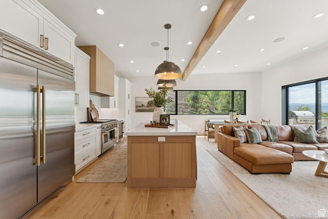 1400 Weber Wild Rd, Oakley, UT 84055 - kitchen with premium appliances, white cabinets, a kitchen island, light wood finished floors, and recessed lighting