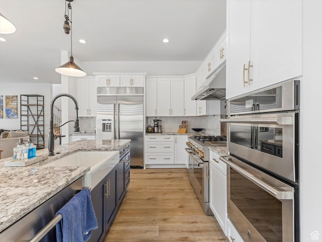 5796 N Valley View Rd, Lehi, UT 84043 - kitchen featuring under cabinet range hood, premium appliances, white cabinets, hanging light fixtures, and decorative backsplash