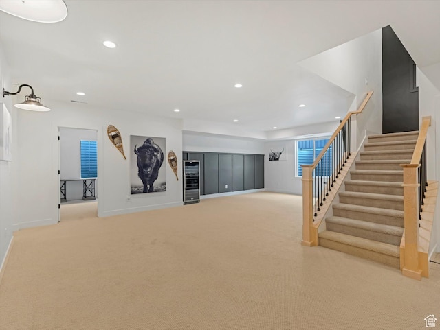 5796 N Valley View Rd, Lehi, UT 84043 - below grade area with stairway, recessed lighting, carpet flooring, and beverage cooler