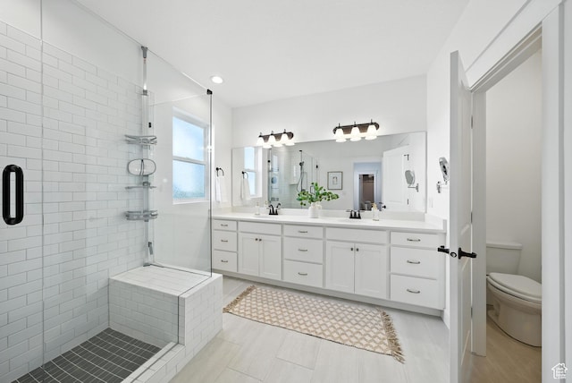 6331 W Copper Hawk Dr, South Jordan, UT 84009 - bathroom featuring a stall shower, double vanity, tile patterned floors, and recessed lighting