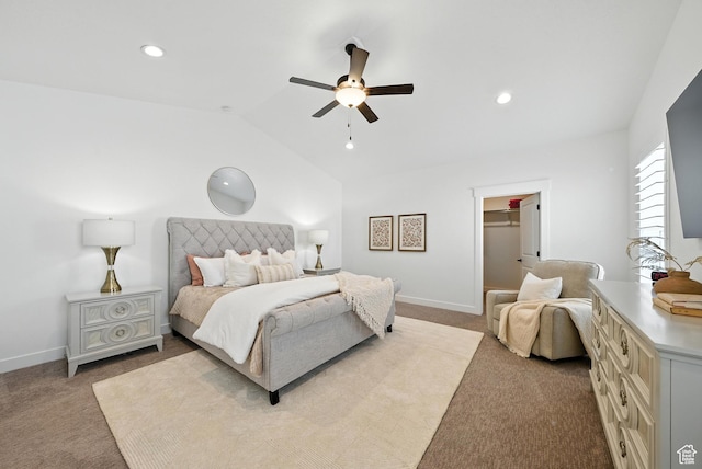 6331 W Copper Hawk Dr, South Jordan, UT 84009 - bedroom featuring light carpet, lofted ceiling, a walk in closet, ceiling fan, and recessed lighting