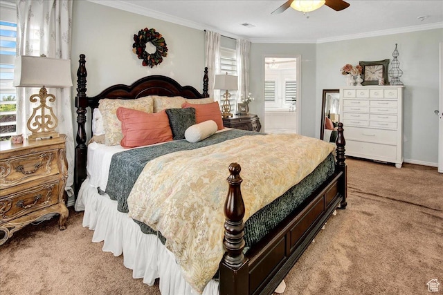 955 Mink Cir N, Salt Lake, UT 84054 - bedroom with light colored carpet, ornamental molding, a ceiling fan, and ensuite bath
