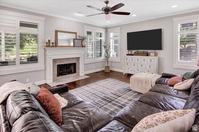 955 Mink Cir N, Salt Lake, UT 84054 - living area with ceiling fan, wood finished floors, recessed lighting, a fireplace, and crown molding