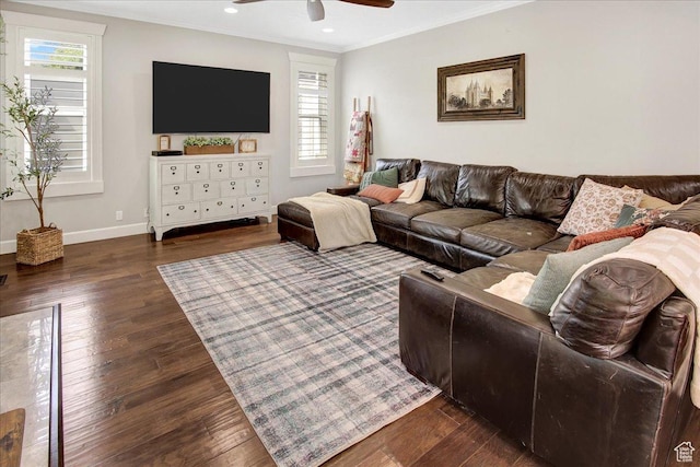 955 Mink Cir N, Salt Lake, UT 84054 - living area featuring ceiling fan, healthy amount of natural light, crown molding, dark wood-style flooring, and recessed lighting