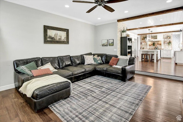 955 Mink Cir N, Salt Lake, UT 84054 - living room featuring ceiling fan, wood-type flooring, recessed lighting, beamed ceiling, and crown molding