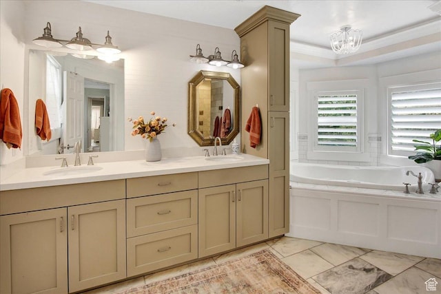 955 Mink Cir N, Salt Lake, UT 84054 - full bathroom with double vanity, a bath, a chandelier, and marble look tile flooring