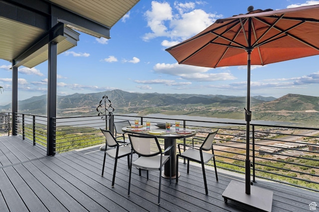 11515 N White Tail Ct, Hideout, UT 84036 - wooden terrace featuring a water and mountain view and outdoor dining space