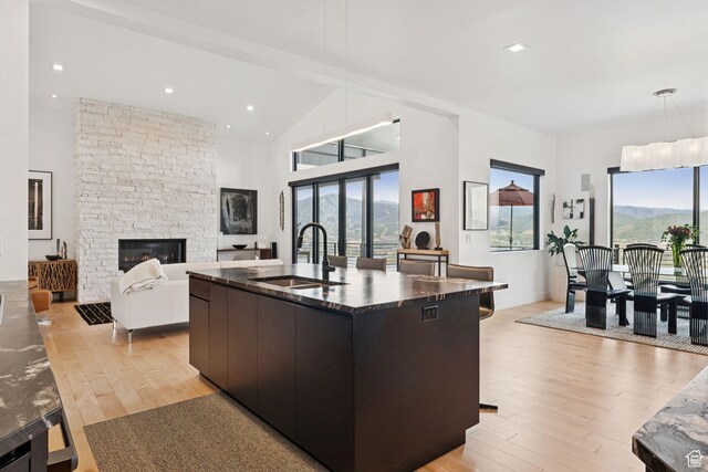 11515 N White Tail Ct, Hideout, UT 84036 - kitchen with modern cabinets, healthy amount of natural light, light wood-style floors, a stone fireplace, and high vaulted ceiling