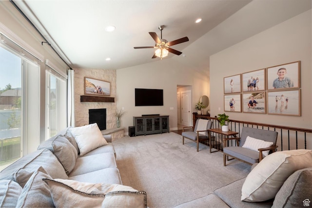 2071 S 500 E, Heber City, UT 84032 - living area with carpet floors, vaulted ceiling, a ceiling fan, a stone fireplace, and recessed lighting