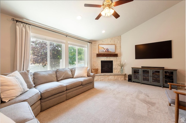 2071 S 500 E, Heber City, UT 84032 - carpeted living area with vaulted ceiling, a ceiling fan, a fireplace, and recessed lighting