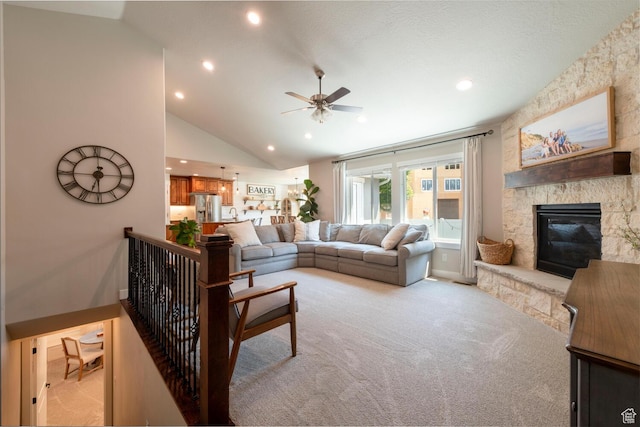 2071 S 500 E, Heber City, UT 84032 - living room featuring light carpet, a ceiling fan, recessed lighting, a fireplace, and vaulted ceiling