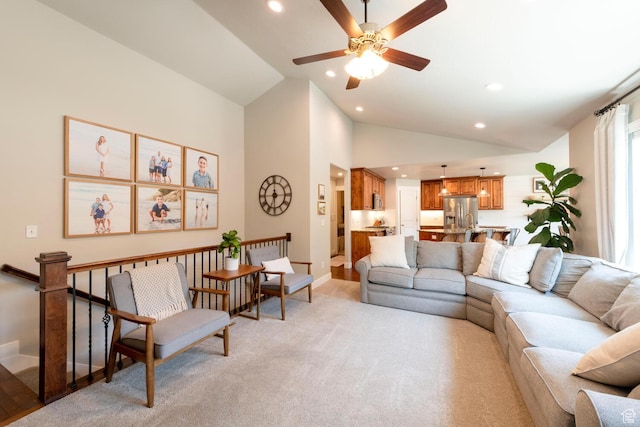 2071 S 500 E, Heber City, UT 84032 - living area featuring recessed lighting, light carpet, lofted ceiling, and a ceiling fan