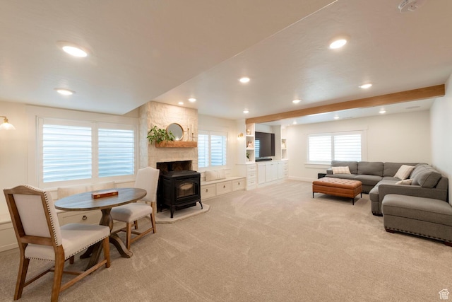 2071 S 500 E, Heber City, UT 84032 - living area featuring light carpet, a wood stove, and recessed lighting