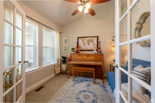 2071 S 500 E, Heber City, UT 84032 - sitting room featuring french doors, lofted ceiling, carpet floors, and a ceiling fan