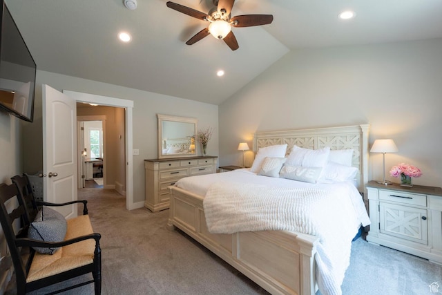 2071 S 500 E, Heber City, UT 84032 - bedroom featuring light carpet, vaulted ceiling, recessed lighting, and ceiling fan