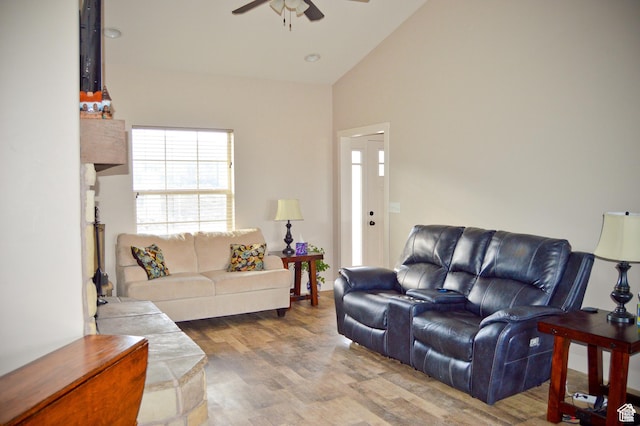 2070 S Sweetwater Parkway Park E Unit 33, Garden City, UT 84028 - living room with ceiling fan, wood finished floors, and high vaulted ceiling