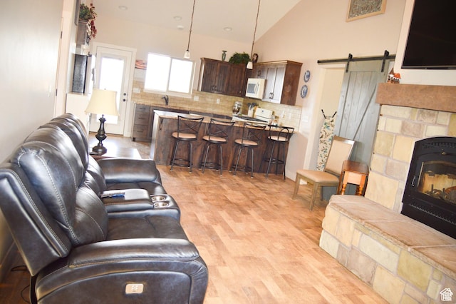2070 S Sweetwater Parkway Park E Unit 33, Garden City, UT 84028 - living room with a barn door, light wood-type flooring, and lofted ceiling