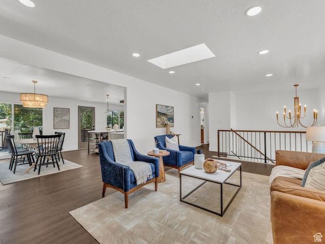 1432 E Colony Dr, Holladay, UT 84117 - living area with wood finished floors, a chandelier, recessed lighting, and a skylight