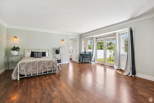 12671 S Somerdowns Ct, Draper, UT 84020 - bedroom featuring access to exterior, crown molding, french doors, wood finished floors, and a baseboard radiator