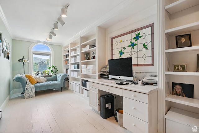 12671 S Somerdowns Ct, Draper, UT 84020 - office space with built in shelves, light wood finished floors, crown molding, and rail lighting
