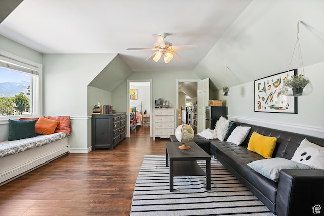 12671 S Somerdowns Ct, Draper, UT 84020 - living room with wood finished floors, a ceiling fan, vaulted ceiling, and a baseboard heating unit