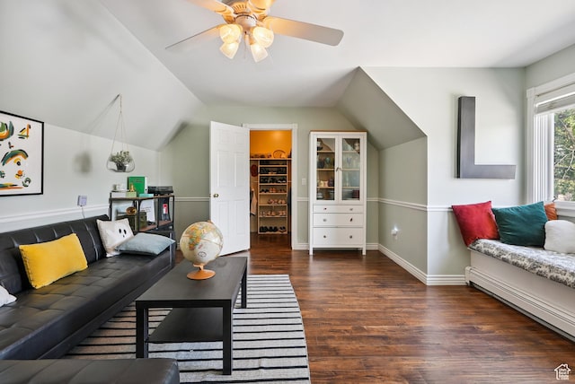12671 S Somerdowns Ct, Draper, UT 84020 - living room with wood finished floors, a ceiling fan, baseboard heating, and vaulted ceiling
