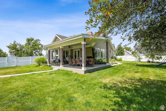 12671 S Somerdowns Ct, Draper, UT 84020 - rear view of property with ceiling fan, a fenced backyard, a patio area, and french doors
