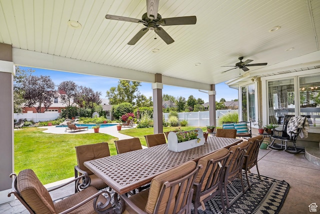 12671 S Somerdowns Ct, Draper, UT 84020 - fenced backyard with a ceiling fan, a patio, and outdoor dining space