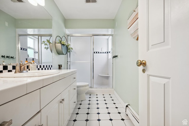 12671 S Somerdowns Ct, Draper, UT 84020 - full bathroom with a baseboard heating unit, vanity, a stall shower, and tile patterned floors