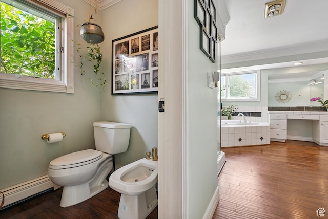 12671 S Somerdowns Ct, Draper, UT 84020 - bathroom with a baseboard radiator, a bidet, crown molding, wood-type flooring, and vanity