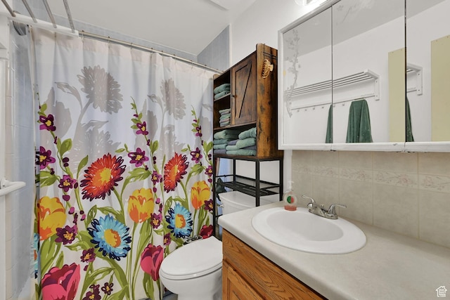 3347 S Rulon St W, Magna, UT 84044 - bathroom with decorative backsplash, vanity, and a shower with curtain
