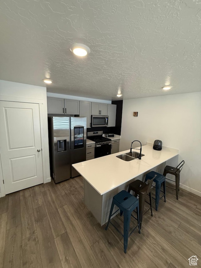 1144 E Trident Dr S, Saratoga Springs, UT 84045 - kitchen with stainless steel appliances, gray cabinets, a breakfast bar area, a peninsula, and dark wood-type flooring