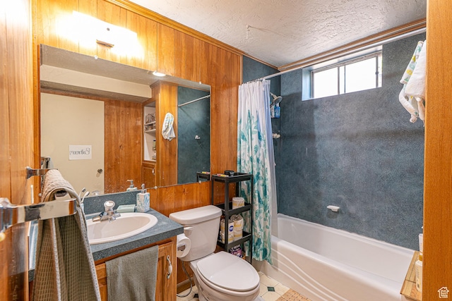 570 N 400 W, Logan, UT 84321 - bathroom with shower / tub combo, vanity, a textured ceiling, crown molding, and tile patterned flooring